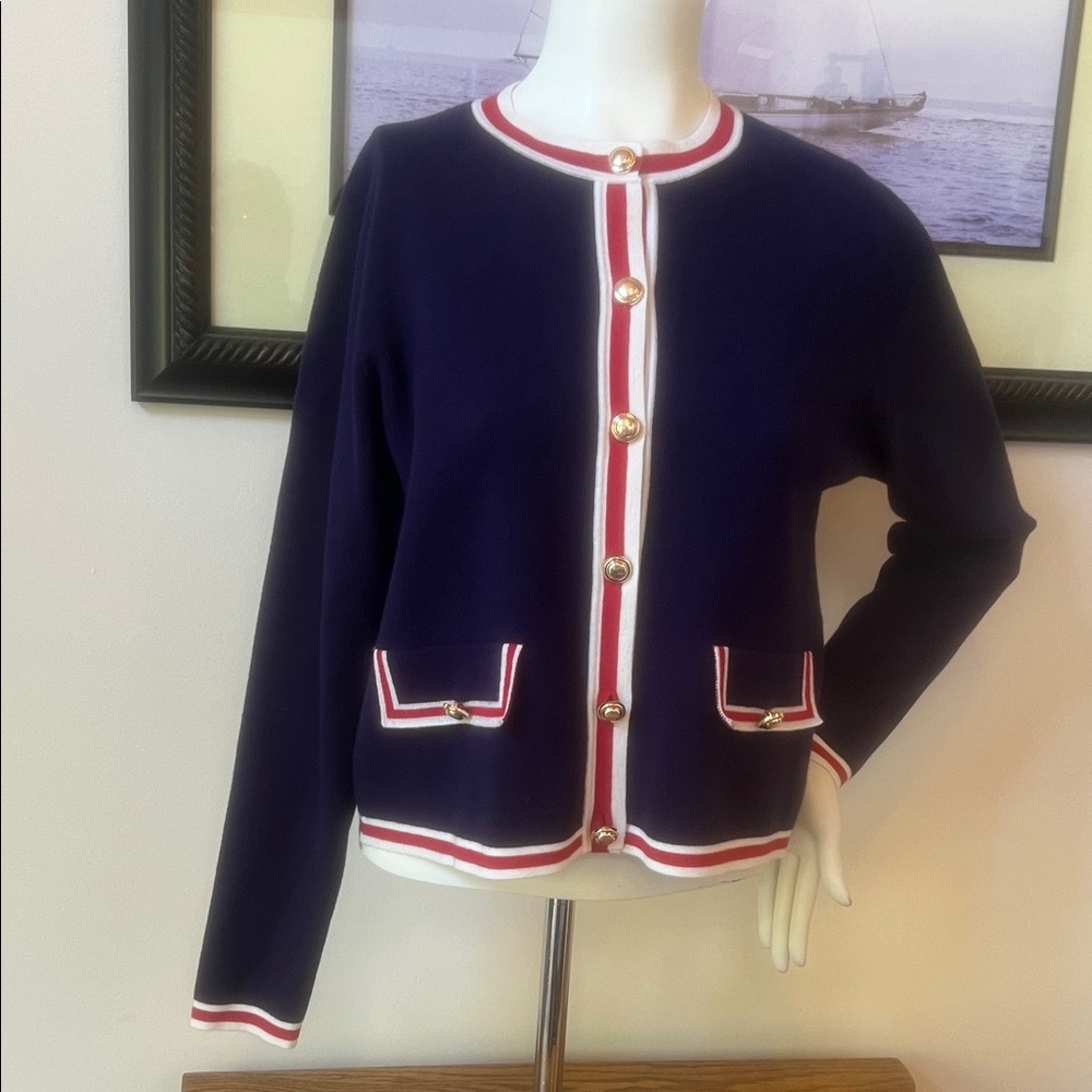 Talbots cardigan blue with Red and White Accents, luxury knit